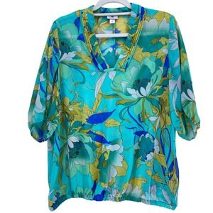 Worthington Teal Floral Chiffon Bubble Hem Blouse Size L Sheer V-Neck 3/4 Sleeve